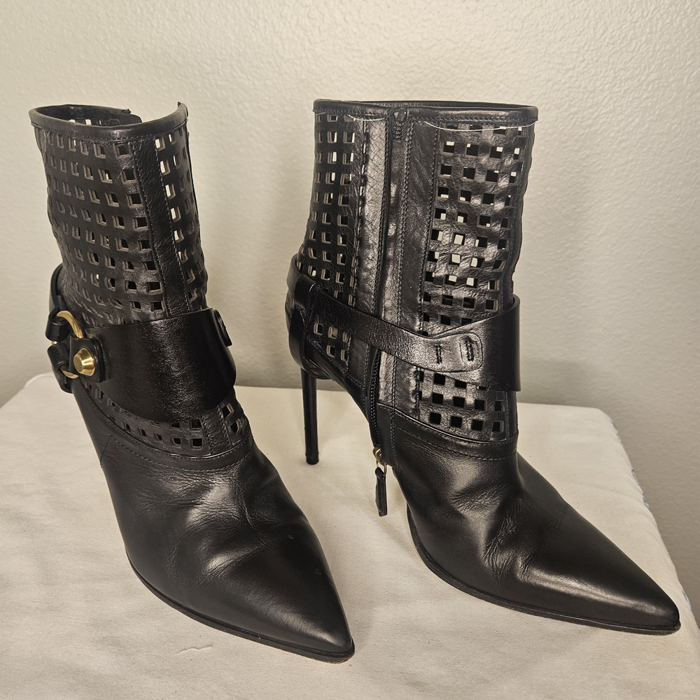 Reed Krakoff Black Cutout Heeled Boots with Gold Buckle